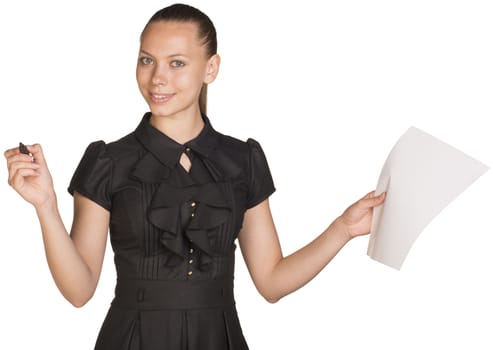 Young business woman hold pen and paper sheet. Looking at camera. Isolated background