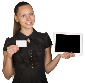 Beautiful girl in dress holding blank white card and tablet. Isolated on white background