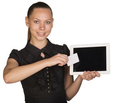 Beautiful girl in dress holding blank white card and tablet. Isolated on white background