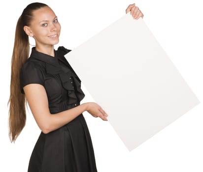 Beautiful girl in dress holding blank white placard and looking at camera. Isolated on white background