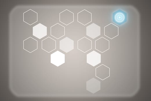 Transparent hexagons and glow circles. Technology background
