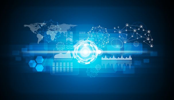 Graphs, world map, network and other elements. Technology background