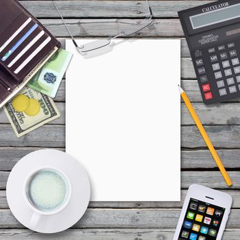 Wooden desktop. White sheet, wallet and smartphone