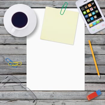 Lie on wooden floor smartphone and empty paper sheet. Business concept