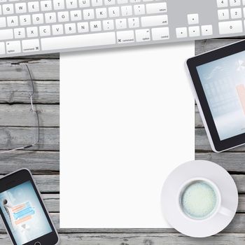 Lie on wooden floor smartphone, tablet and empty paper sheet. Business concept