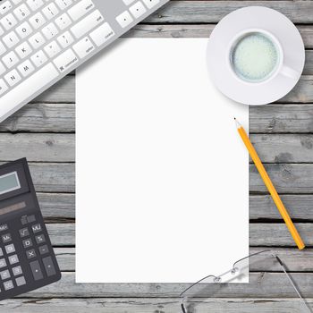 Lie on wooden floor keyboard and empty paper sheet. Business concept