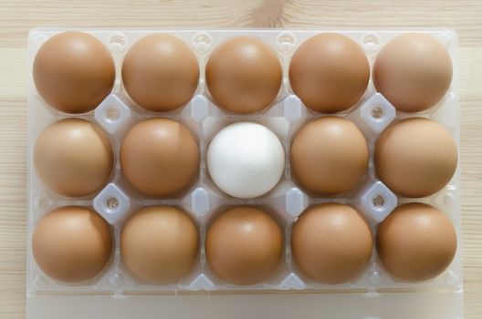 set of red eggs with white one inside plastic package
