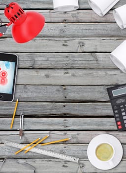 Lie on wooden floor smartphone, tablet and open book. Education concept