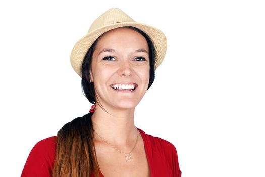Natural young brunette woman laughing, fedora straw hat