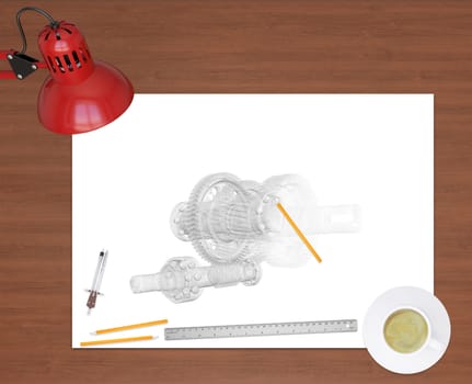 Engineering drawing and office supplies on background of wooden table. Workplace of engineer