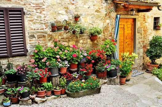 House in Italy with many potted flower plants