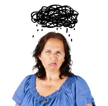 Grumpy middle aged woman with dark cloud over head