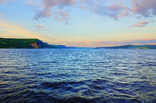 Sunset on a beautiful fjord's bay, LaBaie, Quebec, Canada
