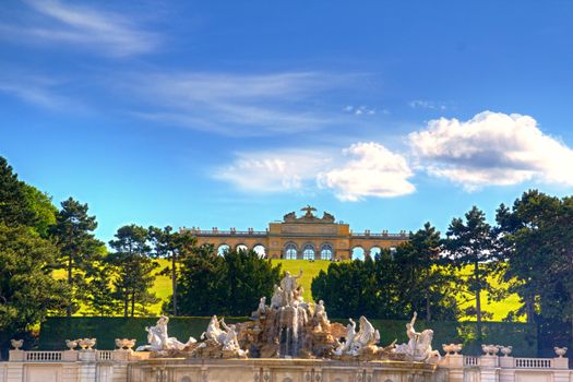 Photo shows general view of garden of Schonbrunn Palace.