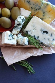 Roquefort cheese composition on dark background