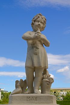 Photo shows general view of statue in garden of Belvedere Palace.