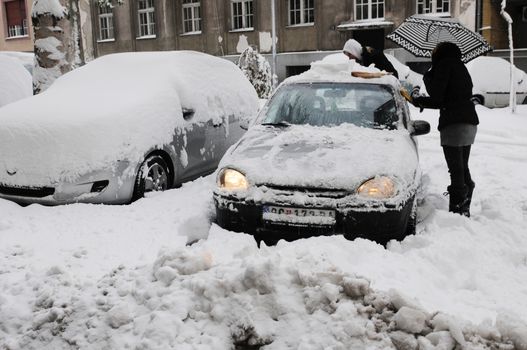 SERBIA, BELGRADE - DECEMBER 9, 2012: Unexpected massive snowfall paralyzed the city. During weekend only small number of snow services are working