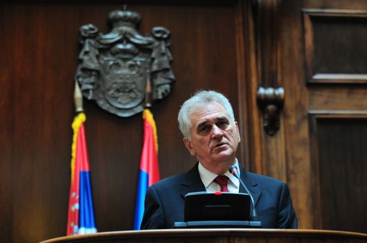 SERBIA, BELGRADE - MAY 31, 2012: President of Serbia Tomislav Nikolich speaks in Serbian Parliament high in the air on his inauguration day