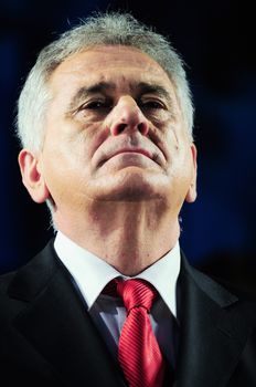 SERBIA, BELGRADE - MAY 10, 2012: Presidential candidate Tomislav Nikolic during the meeting with young activists of Serbian Progressive Party at the Youth Center Belgrade