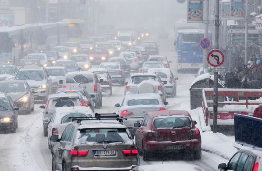 SERBIA, BELGRADE - FEBRUARY 3, 2012: Transportation jammed and stuck on the city because of unexpectedly massive snowfall in Belgrade