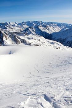 Slope on the skiing resort in Alps, close-up