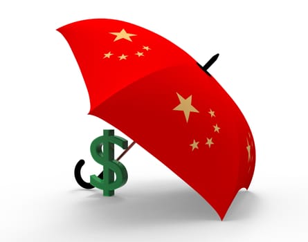Dollar symbol under the Chinese umbrella, 3d render