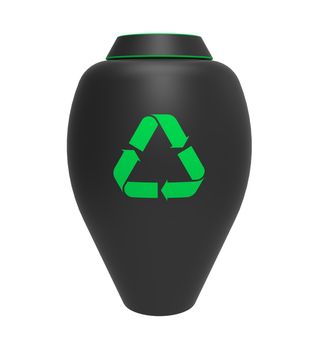 Cremation urn with recycling symbol, 3d render, isolated on white