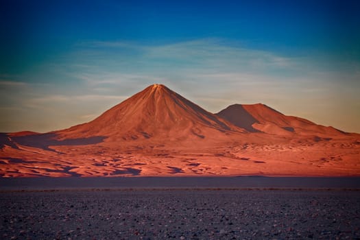 sunset over volcanoes Licancabur and Juriques, Atacama desert, Chile