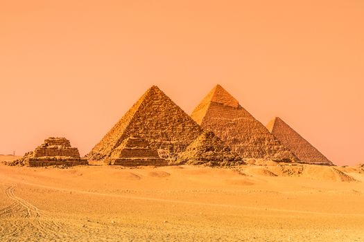 The pyramids of Giza, Cairo, Egypt. Oldest of the Seven Wonders of the Ancient World and the only one to remain largely intact 