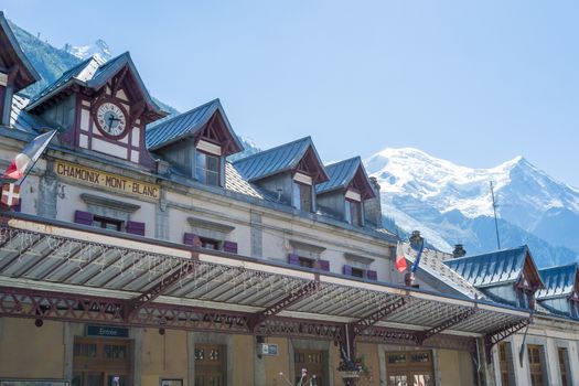 CHAMONIX, FRANCE - SEPTEMBER 02: Facade of Chamonix train station, with Mont Blanc in the background. The city is one of the stages in the popular Mont Blanc tour. September 02, 2014 in Chamonix.