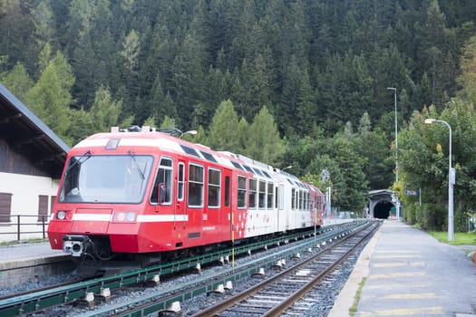 MONTROC, FRANCE - SEPTEMBER 02: Alpine tram at Montroc village station. The area is a stage of the popular Mont Blanc tour, which crosses France, Italy and Switzerland. September 02, 2014 in Montroc.