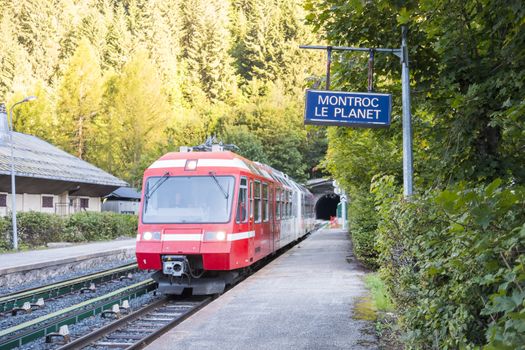 MONTROC, FRANCE - SEPTEMBER 02: Alpine tram at Montroc village station. The area is a stage of the popular Mont Blanc tour, which crosses France, Italy and Switzerland. September 02, 2014 in Montroc.