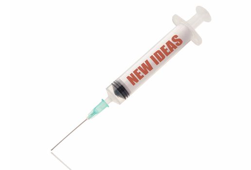 Metaphor for creativity with new ideas printed on an injection syringe needle