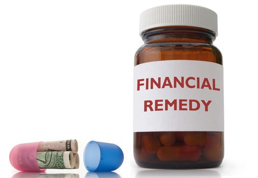 Open medicine pill with rolled up dollar banknotes inside 