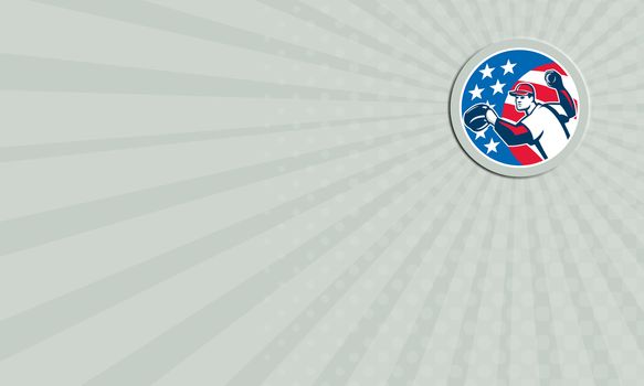 Business card showing illustration of a american baseball player pitcher outfilelder throwing ball set inside circle with stars and stripes in the background done in retro style. 