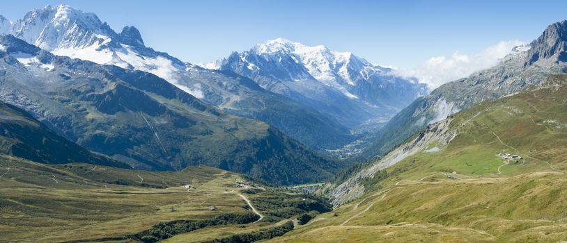 French countryside with Mont Blanc mountain range in the background