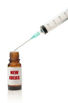 Metaphor for creativity with injection needle and  bottle labeled with new ideas 