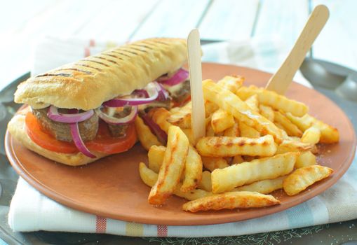 Beef steak sandwich with french fries