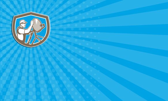 Business card showing illustration of a TV satellite dish installer set inside shield crest on isolated background done in retro style. 