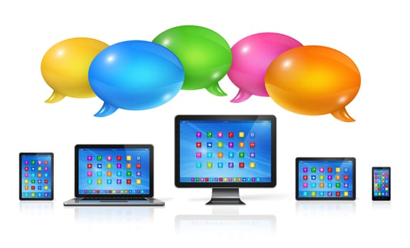 3D Speech bubbles and computers set. Communication and technology