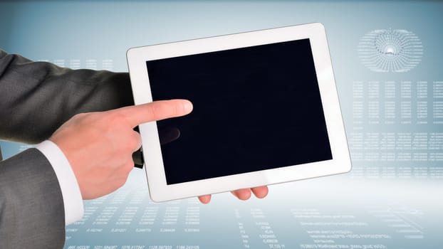 Two hands using tablet pc on hi-tech background