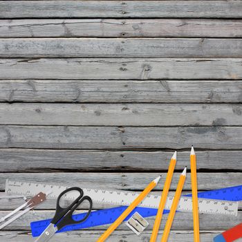 Lie on wooden floor office objects. Education concept