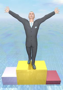 Happy businessman standing on first step of sport pudium - 3D render