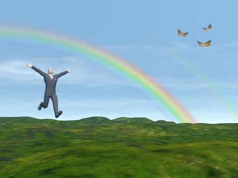 Happy businessman running in nature under a rainbow and next to butterfies - 3D render