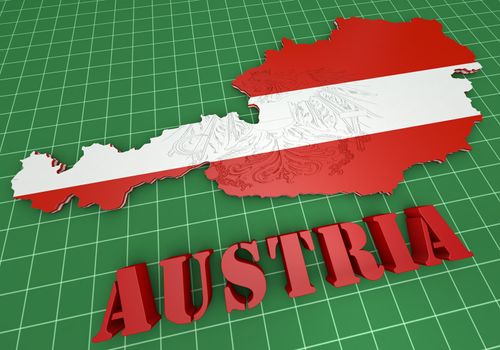 3D map illustration of Austria with flag and coat of arms