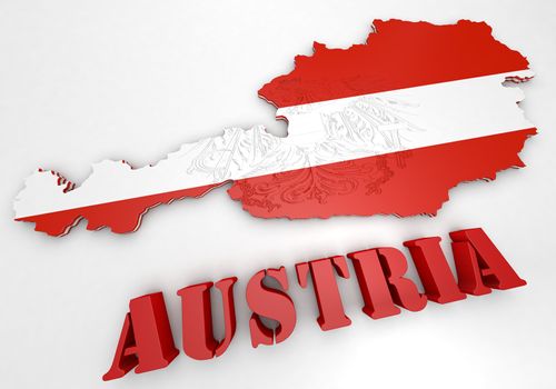 3D map illustration of Austria with flag and coat of arms