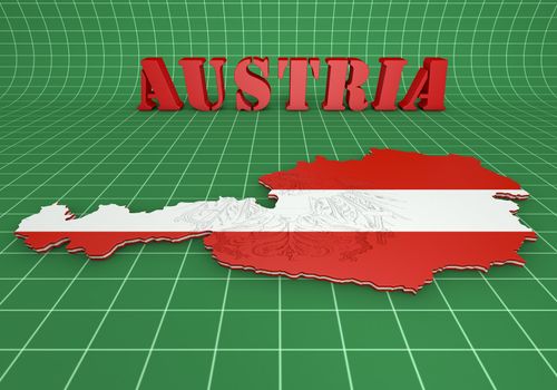 3D map illustration of Austria with flag and coat of arms