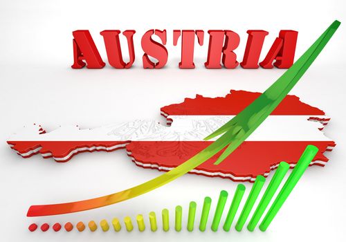 3D map illustration of Austria with flag and coat of arms