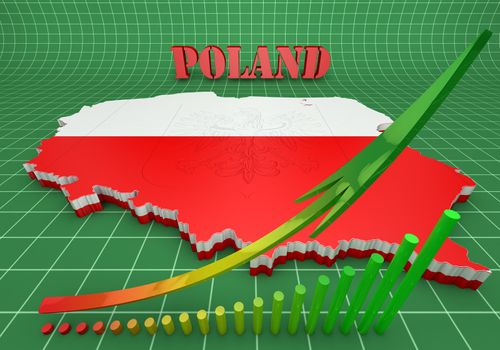 3D Map illustration of Poland with flag and coat of arms