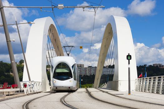 Tramway on a bridge, Lyon, France. 